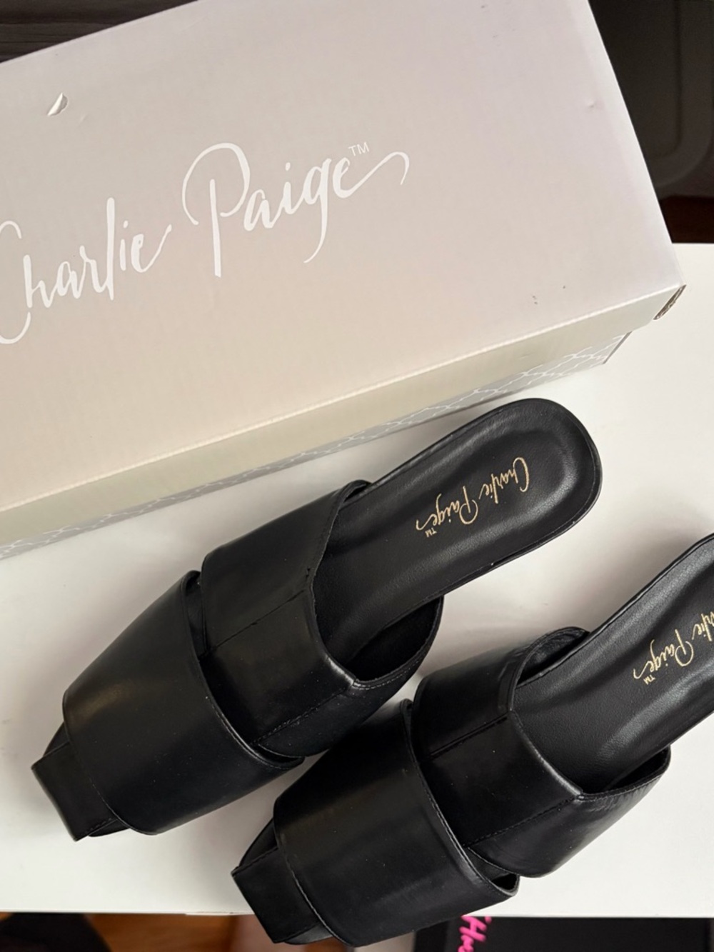 Charlie Paige Black Leather Slide Mules